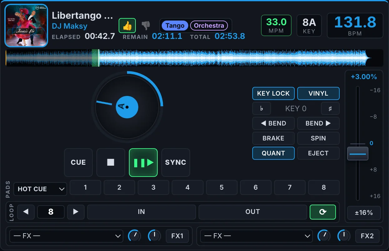 Pulsar DJ deck: cover, time, pitch with a scale, PADS and LOOP