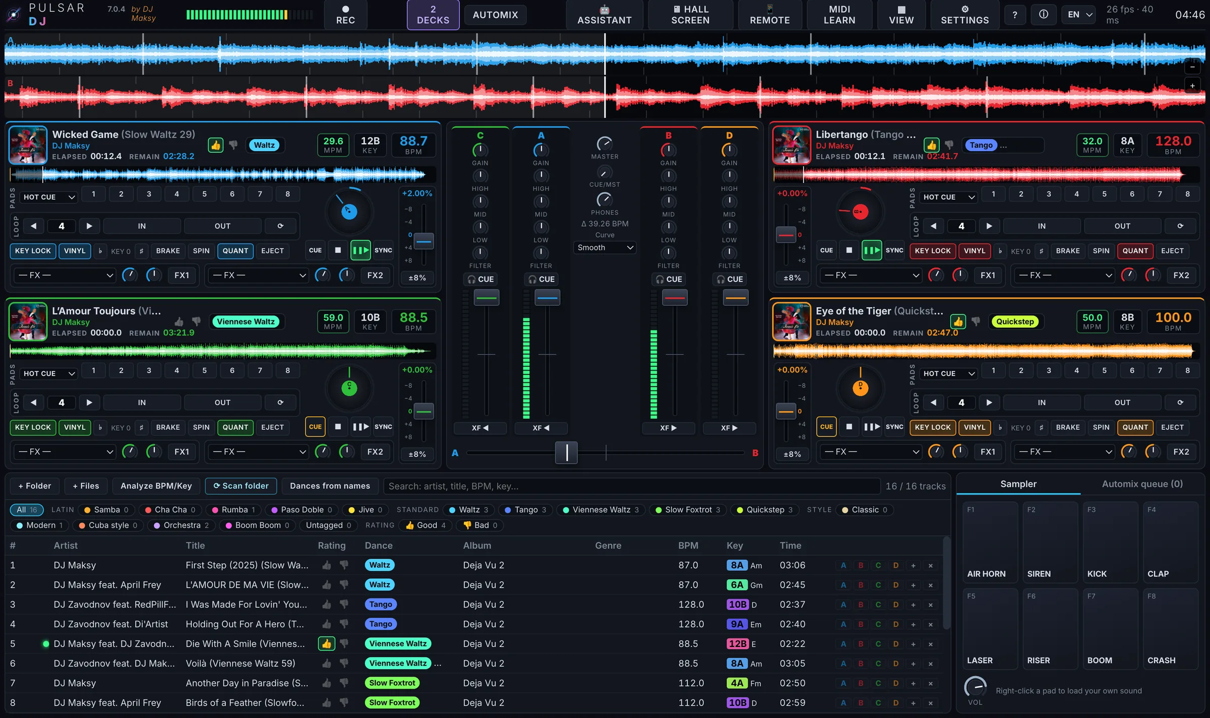Pulsar DJ: 4 decks, mixer and the library with dance tags