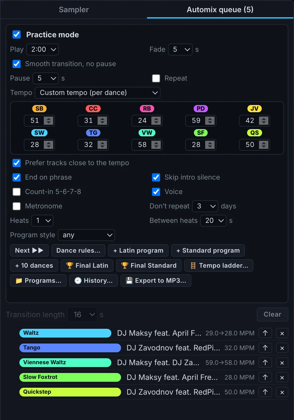 Practice tempo choice and the queue with each song’s tempo